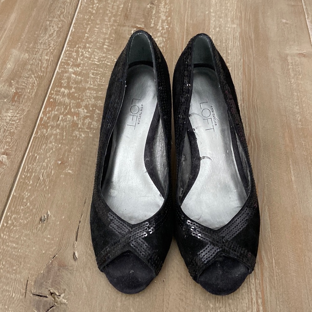 Loft Black Suede/Sequin Peep Toe Shoe - Size 6.5 - Black